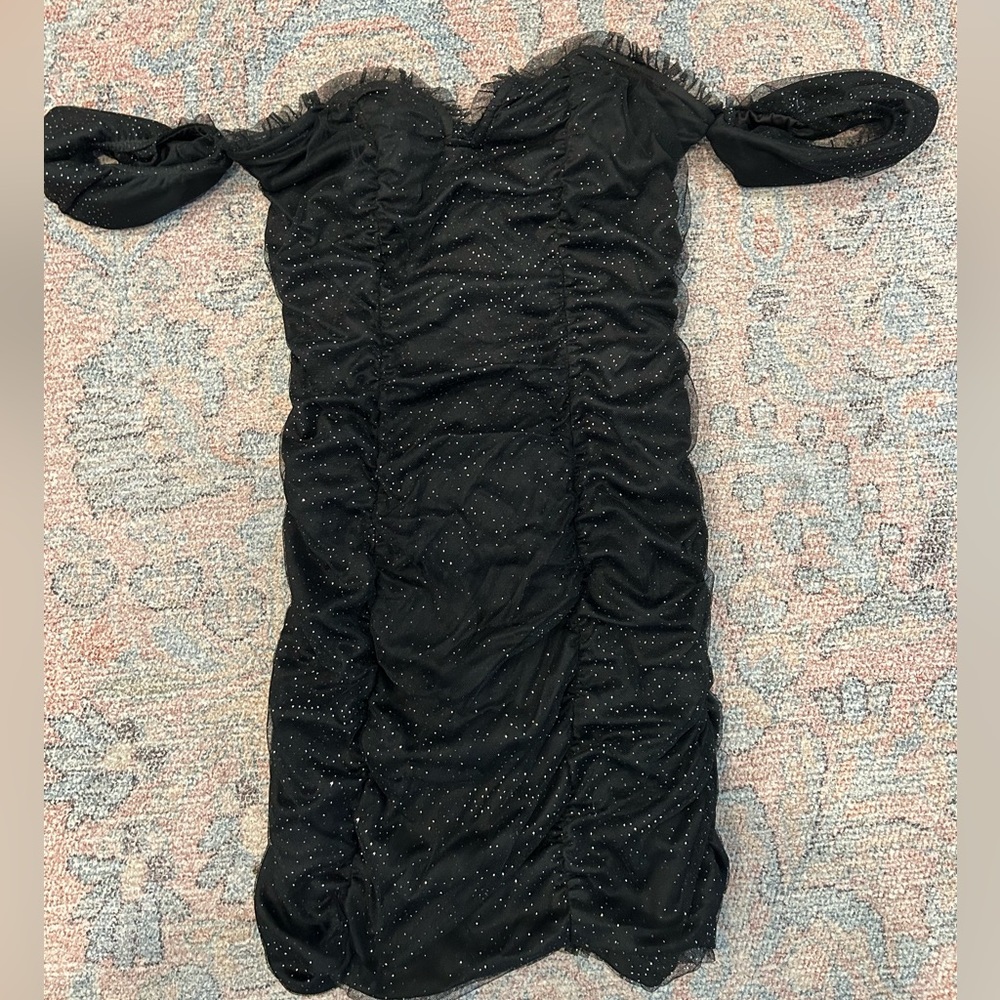 Black off shoulder sparkling cocktail dress